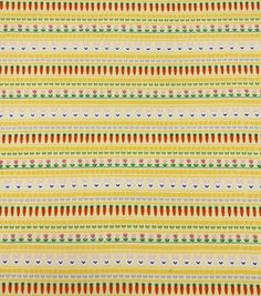 an orange, yellow and green striped fabric with small flowers on the bottom half of it