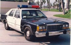 the police car is parked on the side of the road in front of palm trees