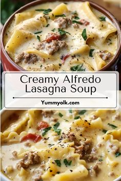 creamy alfredo lasagna soup in a red bowl