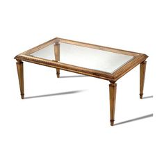 a wooden table with glass top and legs on the bottom, against a white background