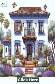 a painting of a blue and white house with plants on the front porch, stairs leading up to it