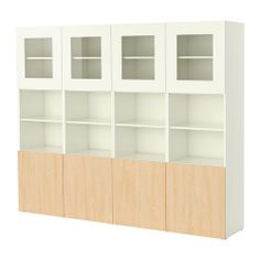 a white and oak bookcase with glass doors