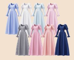 six dresses in different colors and patterns, all with long sleeves on the shoulders or at the neckline