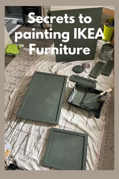 there are three pieces of furniture that have been painted green with the words secrets to painting ikea furniture