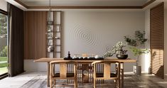 a dining room table with chairs and vases on it