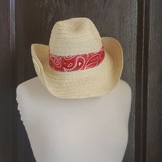 Brand New Red Bandana Accent Is Stitched Onto Hat Made Out Of Straw Bendable/Adjustable Adjustable Wide Brim Red Sun Hat, Adjustable Red Wide Brim Sun Hat, Casual Red Sun Hat For Festival, Red Adjustable Brimmed Straw Hat, Adjustable Red Brimmed Straw Hat, Adjustable Red Hat Bands For Spring, Red Adjustable Wide Brim Straw Hat, Red Wide Brim Straw Hat With Adjustable Fit, Red Adjustable Fedora Hat