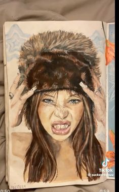 a drawing of a girl wearing a fur hat with her hands on her head and one eye open