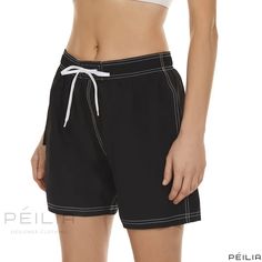 Peilia - Womens Swimwear: Stylish Exposed Seam Beach Shorts with Cargo Pockets, Adjustable Drawstring, and Vibrant Multicolor Design Short Summer Swimwear For Leisure, Casual Stretch Swimwear, Casual Stretch Swimwear For Leisure, Beach Black Swim Trunks With Drawstring, Black Drawstring Beach Bottoms, Black Drawstring Beach Shorts, Black Drawstring Shorts For Beach, Black Leisure Bottoms For Beach Season, Black Swimwear With Elastic Waistband For Beach