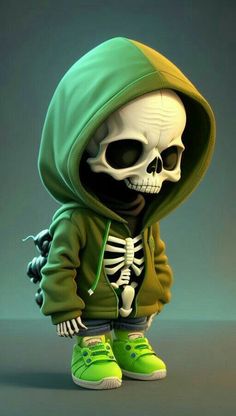 a cartoon skeleton with a green hoodie and tennis shoes standing in front of a gray background