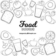 food background in black and white with fruits and vegetables on the bottom, including oranges,