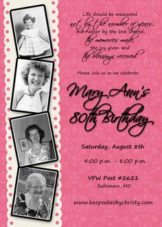 a pink birthday party card with photos on the front and back, in black ink