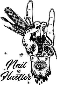 a black and white drawing of a hand with scissors in it that says nail buster