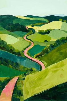 a painting of a winding road in the middle of a green field with hills and trees