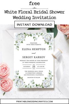 Image Showing White Floral Bridal Shower Wedding Invitation Wedding Invitation Format, Watercolor Botanicals, Recipe Cards Printable Free, Marble Invitation Wedding, Invitations Template, Marble Wedding, Digital Wedding Invitations, Printable Recipe Cards, Wedding Quotes