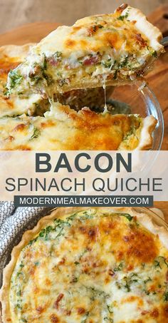 bacon spinach quiche in a glass pie dish on a wooden table with text overlay