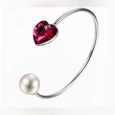 New Heart Jewel Pearlized Ball Wire Cuff Bracelet - Made With Swarovskicrystals Silver Plated Bracelet Featuring: 14.4x14mm Pink Xilion Heart Crystal By Swarovski Pearl Acrylic Bead One Size Fits All Band Silver Crystal Bracelet For Valentine's Day, Valentine's Day Silver Crystal Bracelet, Wire Cuff Bracelet, Victorian Bracelet, Wire Cuff, Metal Cuff Bracelet, All Band, Silver Plated Bracelet, Heart Crystal