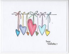 a drawing of hearts hanging from a line with ribbons and bows on it's end