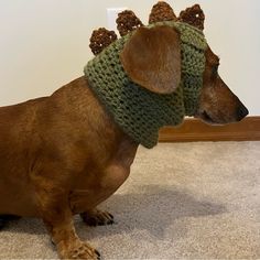 a brown dog wearing a knitted hat with deer antlers on it's head