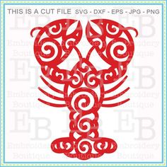 this is a cut file of a lobster with swirls in red on white background