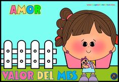 a girl holding a small dog in front of a white fence with the words valor del mes on it