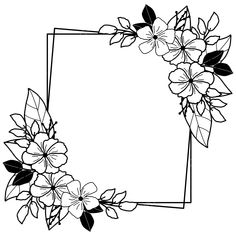 a square frame with flowers and leaves on it, in black and white coloring book page