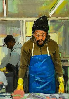 an oil painting of a man in blue aprons and yellow gloves working on something