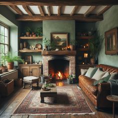 a living room filled with furniture and a fire place in the middle of a room