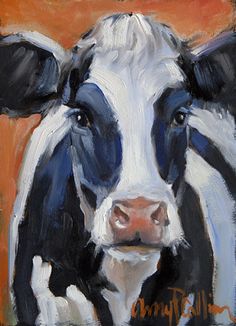 a painting of a black and white cow