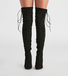 Steal the scene in these sassy over-the-knee boots featuring a trendy pointed-toe. stiletto heel. side bungee lace-up sides. and inner zipper closure. composed of smooth faux suede material. Complete the look in a short dress for a night on the town!Fit & Features Pointed-toe Stiletto heel Side bungee lace-ups Inner zipper closure Over-the-knee shaft length Faux suede material Runs true to size My Scene, Knee Length Boots, Ribbed Mini Dress, Suede Material, Silver Dress, The Scene, Stiletto Heel, Over The Knee Boots, Over The Knee