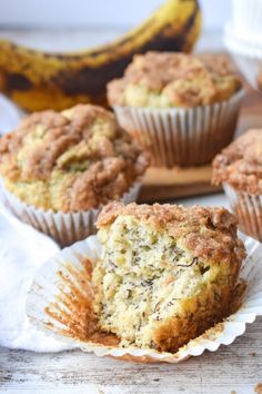 banana crumb muffins with text overlay