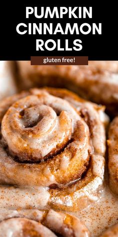 pumpkin cinnamon rolls on a white plate with text overlay that reads, pumpkin cinnamon rolls gluten free