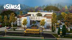 the sims4 school bus is parked in front of a large white building with trees and bushes