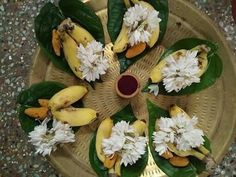 bananas and white flowers are arranged on a wicker platter with green leafy leaves