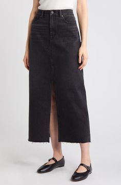 "Find MADEWELL Raw Hem Mid Rise Denim Midi Skirt on Editorialist. Tap into your inner '90s kid with a classic denim midi skirt made with a mid-rise fit that sits just below the natural waist for wear-all-day comfort. 37\" length (size 32) Zip fly with button closure Five-pocket style 100% cotton Machine wash, tumble dry Imported" 90s Style Dark Wash Bottoms For Spring, Full-length Denim Cotton Skirt For Summer, Full Length Cotton Denim Skirt For Summer, Full Length Denim Skirt For Summer, Summer Full-length Skirt With Frayed Hem, Summer Full Length Skirt With Frayed Hem, Spring Full Length Skirt With Frayed Hem, Spring Full Length Denim Skirt With Frayed Hem, Spring Full-length Denim Skirt With Frayed Hem