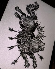 a black and white drawing of a lion with feathers on it's back legs