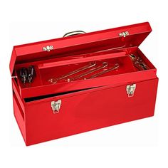 a red tool box with tools in it