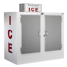 an ice dispenser with two doors on the front and one door open