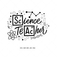 the word science teacher surrounded by doodles and dots in black on a white background