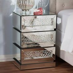 three tiered mirrored side table with drawers