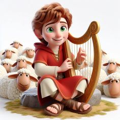 a cartoon character playing a harp surrounded by sheep