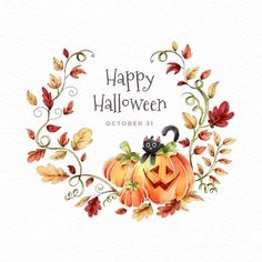 a watercolor halloween wreath with pumpkins and leaves