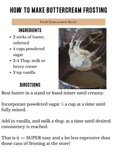 an image of how to make buttercream frosting in a bowl with instructions