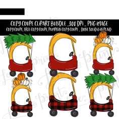 the clipart bundle includes three images of an orange and red car with pine trees on top