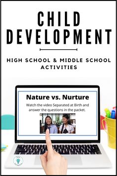 a person pointing at a laptop screen with the words child development high school and middle school activities