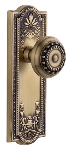 an ornate brass door handle and knob with decorative designs on the front part of it