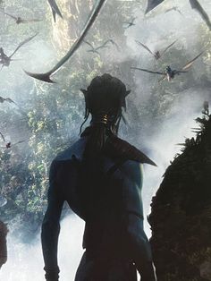 a man standing in the middle of a forest with birds flying around him and on his back