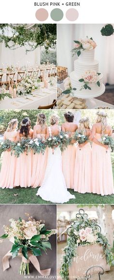 the wedding party is all dressed up in peach and green colors, including greenery