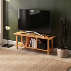 a flat screen tv sitting on top of a wooden stand next to a potted plant