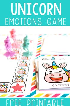 unicorn emotions game with free printables for kids to play on the table and in front