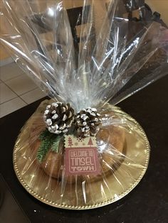 some pine cones are sitting on a plate with plastic wrap around the top and one is wrapped in cellophane